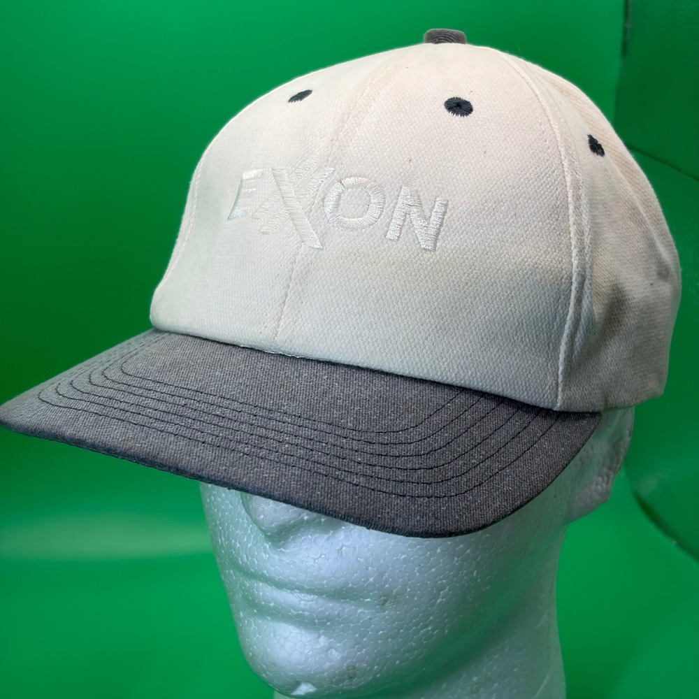 VTG 90s Exxon Logo Cap Cream Halobutyl Expansion Program Legend Adjustable Hat